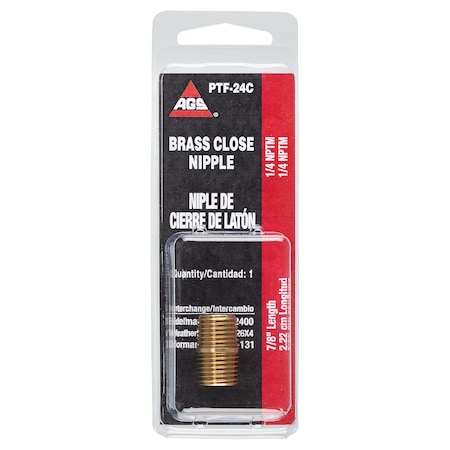Ags Brass Close Nipple, 7/8 Length, Male (1/4-18 NPT), 1/card PTF-24C